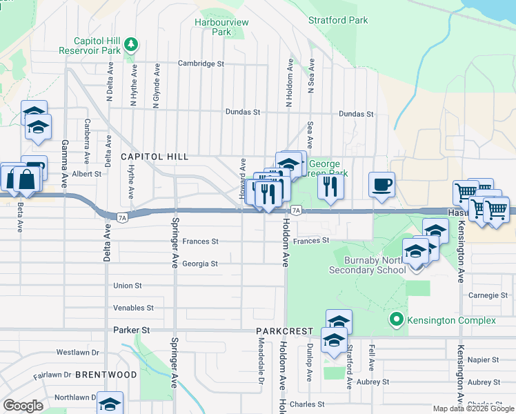 map of restaurants, bars, coffee shops, grocery stores, and more near 5535 Hastings Street in Burnaby