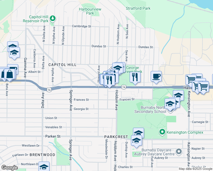 map of restaurants, bars, coffee shops, grocery stores, and more near 395 Ellesmere Avenue in Burnaby