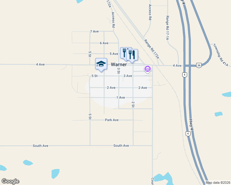 map of restaurants, bars, coffee shops, grocery stores, and more near 202 3 Street in Warner