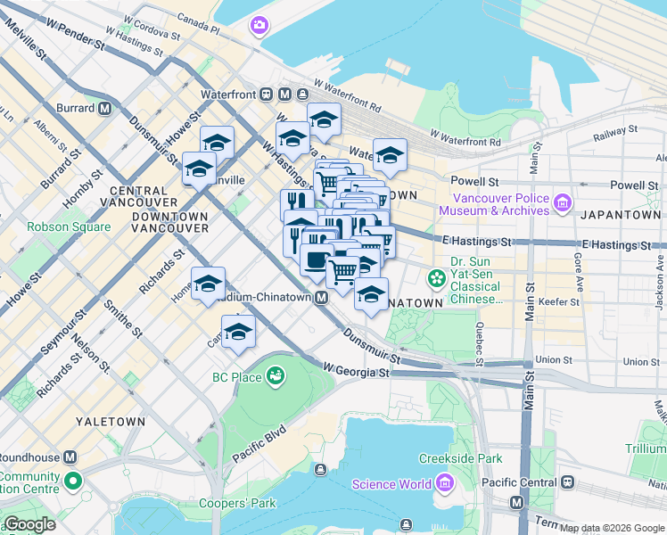 map of restaurants, bars, coffee shops, grocery stores, and more near 546 Beatty Street in Vancouver