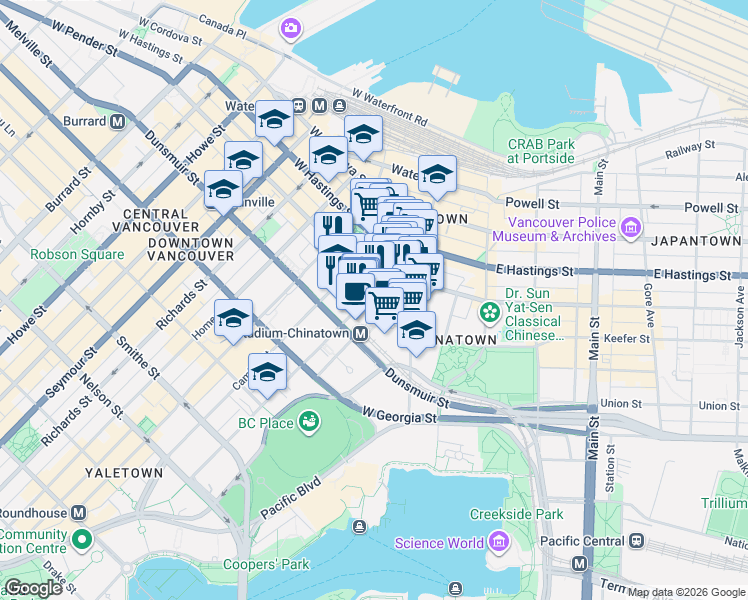 map of restaurants, bars, coffee shops, grocery stores, and more near 546 Beatty Street in Vancouver