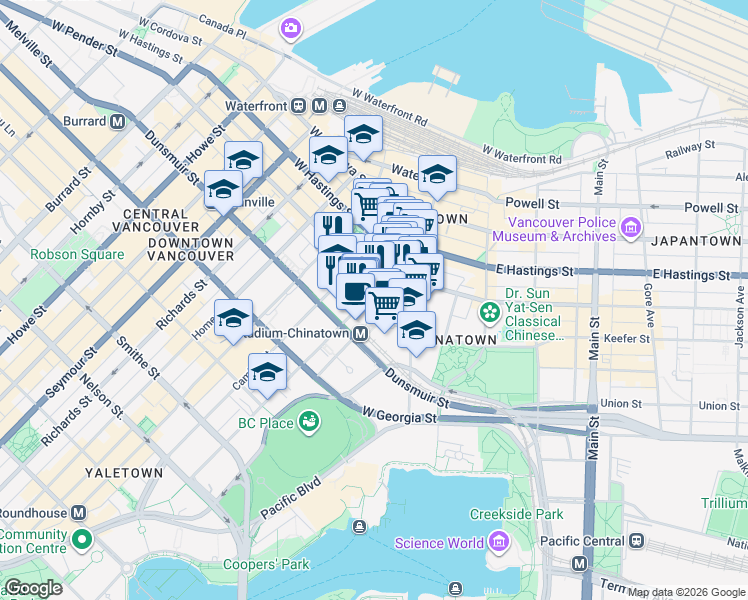 map of restaurants, bars, coffee shops, grocery stores, and more near 546 Beatty Street in Vancouver