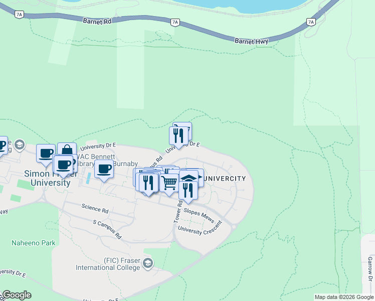map of restaurants, bars, coffee shops, grocery stores, and more near 8980 University Crescent in Burnaby