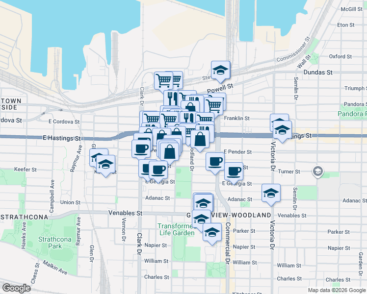 map of restaurants, bars, coffee shops, grocery stores, and more near in Vancouver