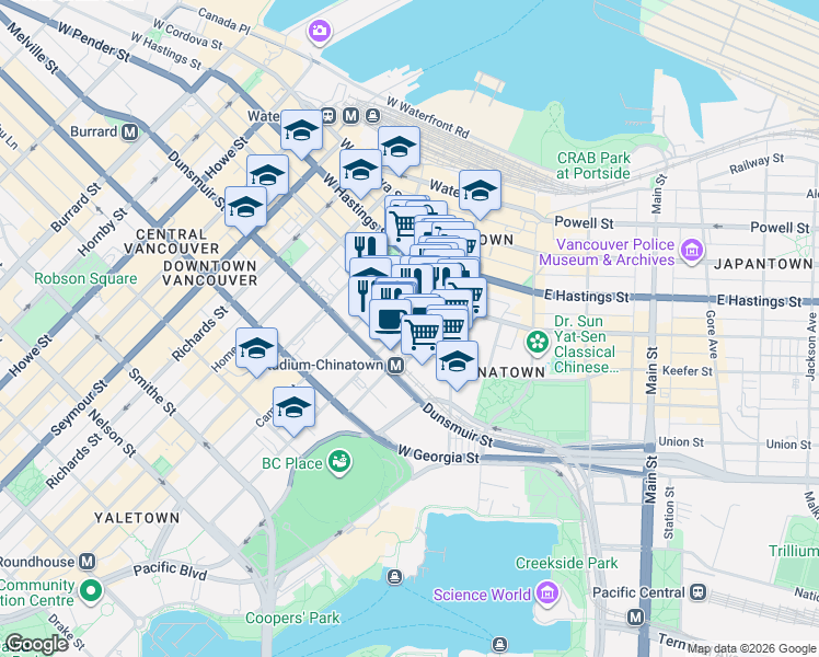 map of restaurants, bars, coffee shops, grocery stores, and more near 546 Beatty Street in Vancouver