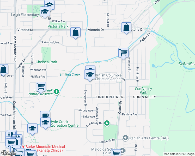 map of restaurants, bars, coffee shops, grocery stores, and more near 3833 Killarney Street in Port Coquitlam