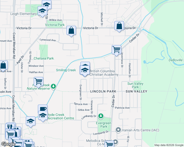 map of restaurants, bars, coffee shops, grocery stores, and more near 3833 Killarney Street in Port Coquitlam