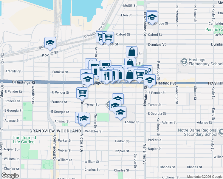 map of restaurants, bars, coffee shops, grocery stores, and more near 436 Lakewood Drive in Vancouver
