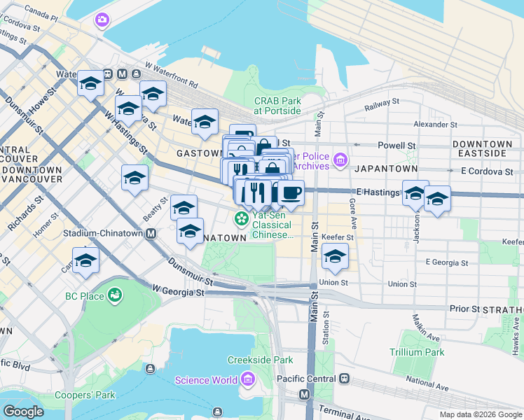 map of restaurants, bars, coffee shops, grocery stores, and more near 71 East Pender Street in Vancouver