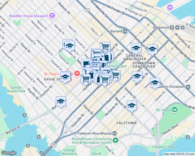 map of restaurants, bars, coffee shops, grocery stores, and more near 991 Hornby Street in Vancouver