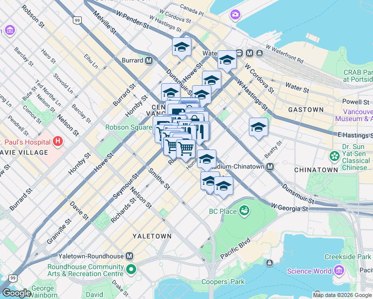 map of restaurants, bars, coffee shops, grocery stores, and more near 788 Richards Street in Vancouver