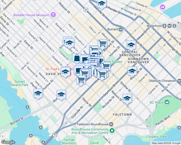 map of restaurants, bars, coffee shops, grocery stores, and more near 938 Nelson Street in Vancouver
