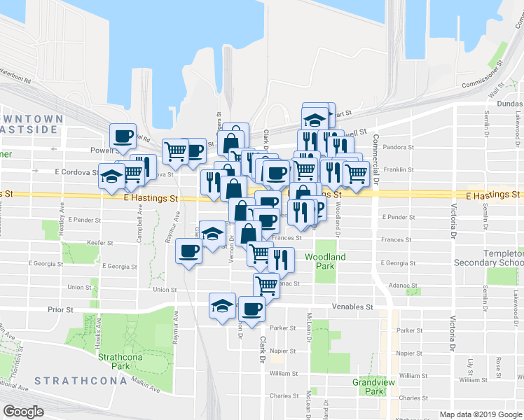 map of restaurants, bars, coffee shops, grocery stores, and more near 475 Clark Drive in Vancouver