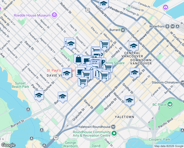 map of restaurants, bars, coffee shops, grocery stores, and more near in Vancouver