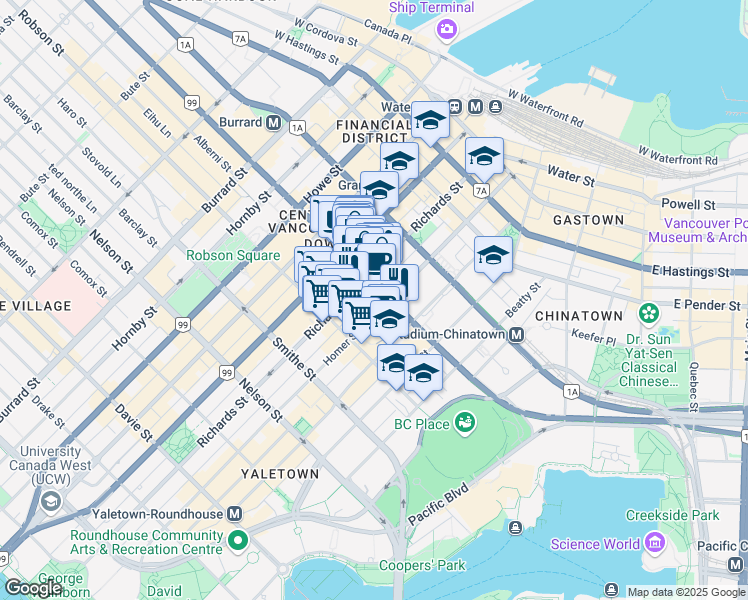 map of restaurants, bars, coffee shops, grocery stores, and more near in Vancouver