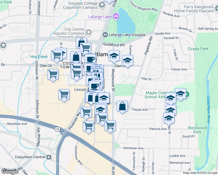 map of restaurants, bars, coffee shops, grocery stores, and more near 1148 Westwood Street in Coquitlam
