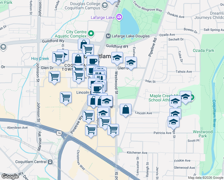 map of restaurants, bars, coffee shops, grocery stores, and more near 1148 Westwood Street in Coquitlam
