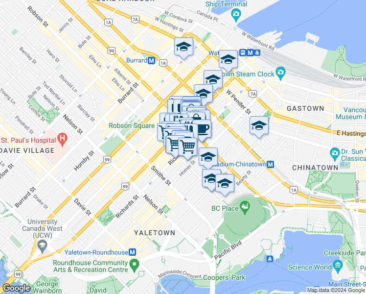 map of restaurants, bars, coffee shops, grocery stores, and more near 777 Richards Street in Vancouver