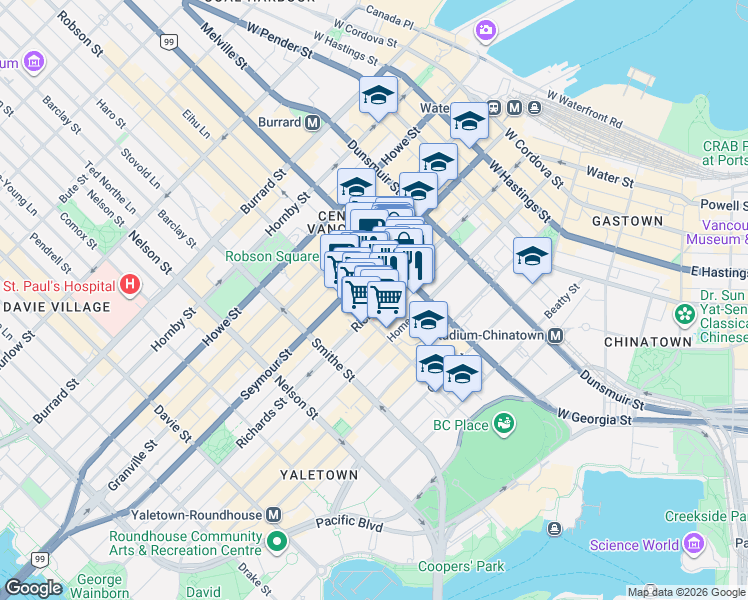 map of restaurants, bars, coffee shops, grocery stores, and more near 777 Richards Street in Vancouver