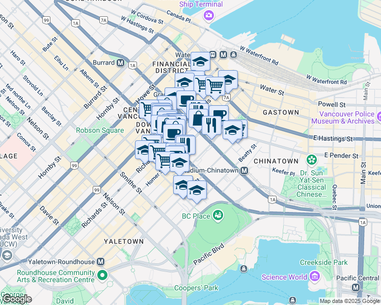 map of restaurants, bars, coffee shops, grocery stores, and more near 349 West Georgia Street in Vancouver