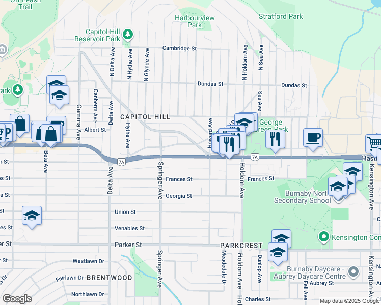 map of restaurants, bars, coffee shops, grocery stores, and more near 5399 Empire Drive in Burnaby