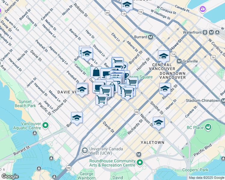 map of restaurants, bars, coffee shops, grocery stores, and more near 938 Nelson Street in Vancouver