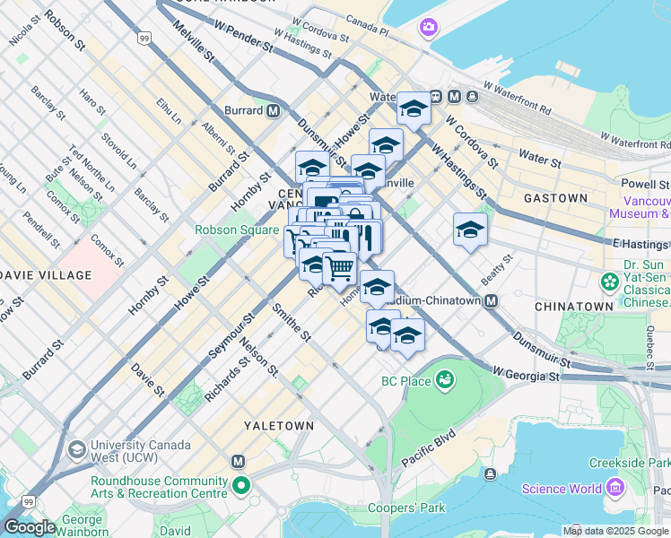 map of restaurants, bars, coffee shops, grocery stores, and more near 775 Richards Street in Vancouver