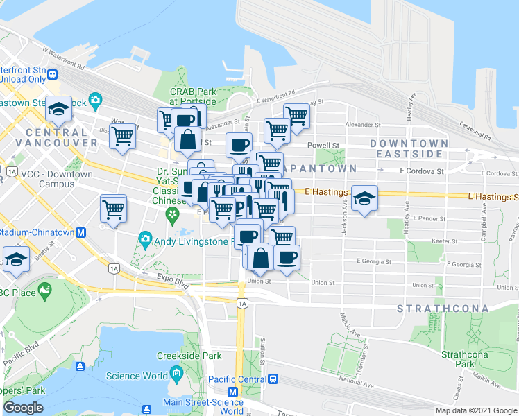 map of restaurants, bars, coffee shops, grocery stores, and more near 212 East Pender Street in Vancouver