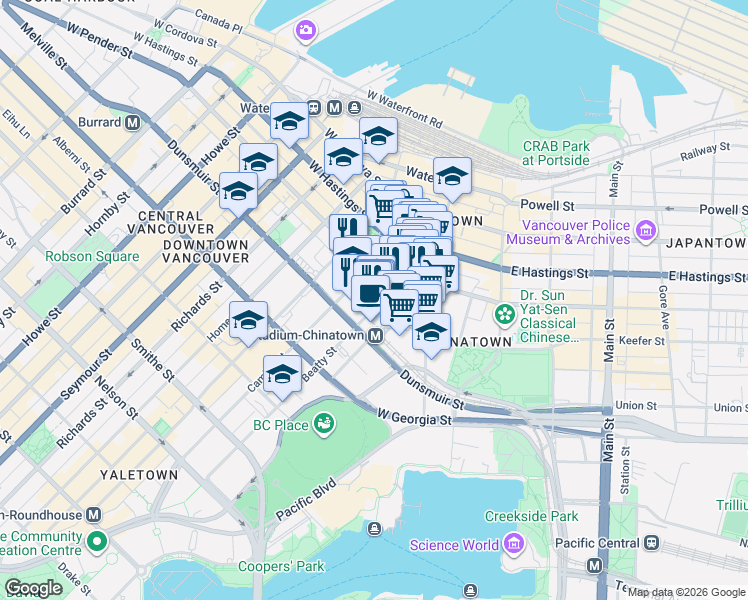 map of restaurants, bars, coffee shops, grocery stores, and more near 531 Beatty Street in Vancouver