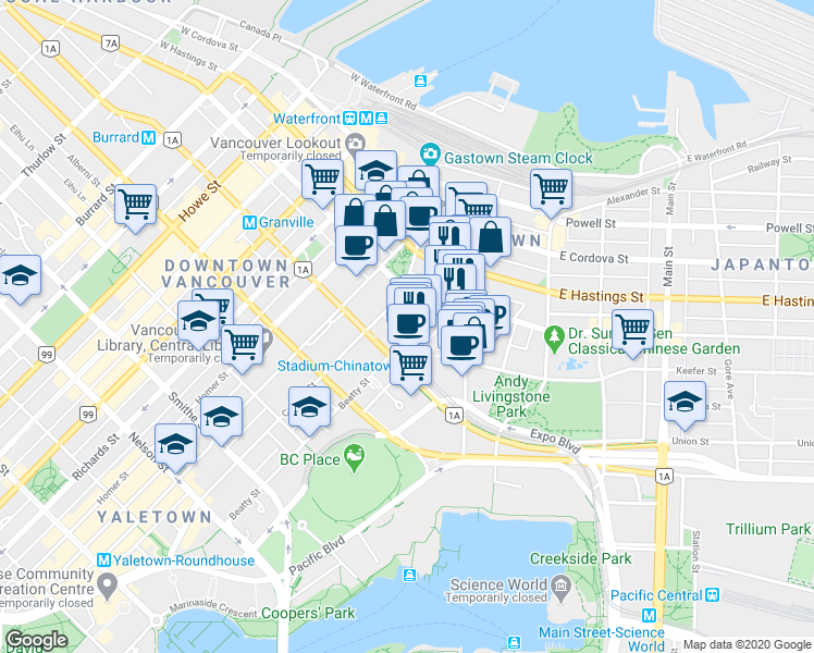 map of restaurants, bars, coffee shops, grocery stores, and more near in Vancouver