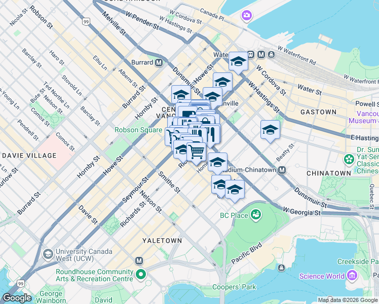 map of restaurants, bars, coffee shops, grocery stores, and more near 788 Richards Street in Vancouver