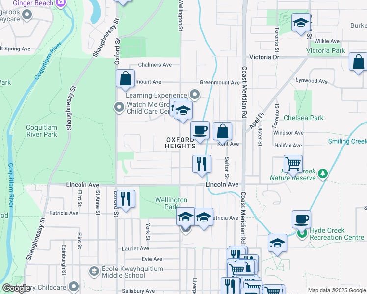 map of restaurants, bars, coffee shops, grocery stores, and more near 3826 Wellington Street in Port Coquitlam