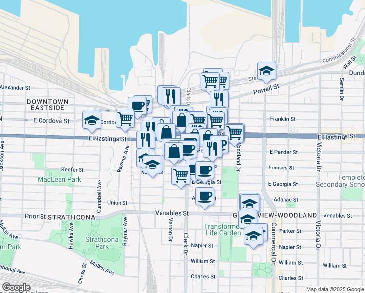 map of restaurants, bars, coffee shops, grocery stores, and more near in Vancouver