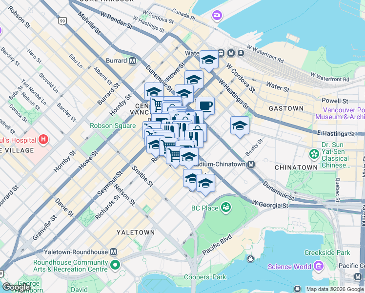map of restaurants, bars, coffee shops, grocery stores, and more near 410 West Georgia Street in Vancouver
