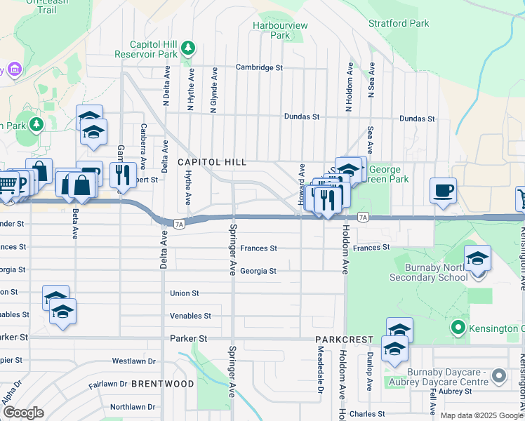 map of restaurants, bars, coffee shops, grocery stores, and more near 5335 Hastings Street in Burnaby