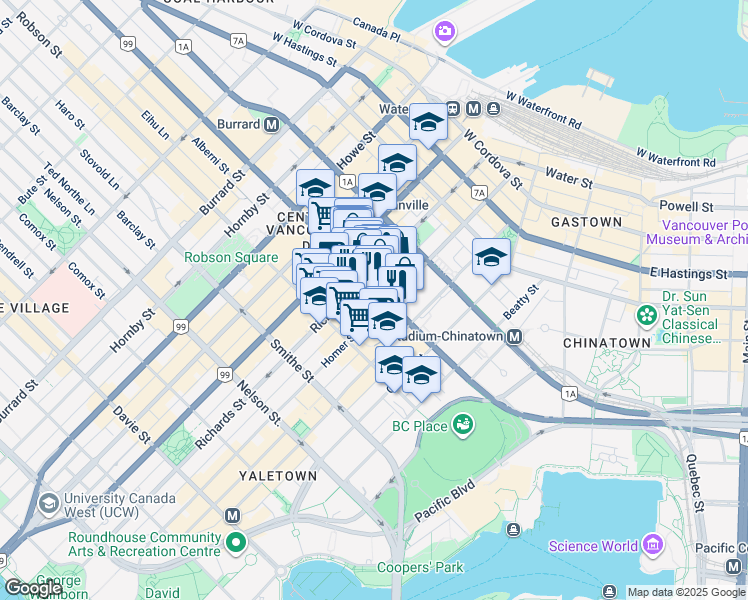 map of restaurants, bars, coffee shops, grocery stores, and more near 410 West Georgia Street in Vancouver