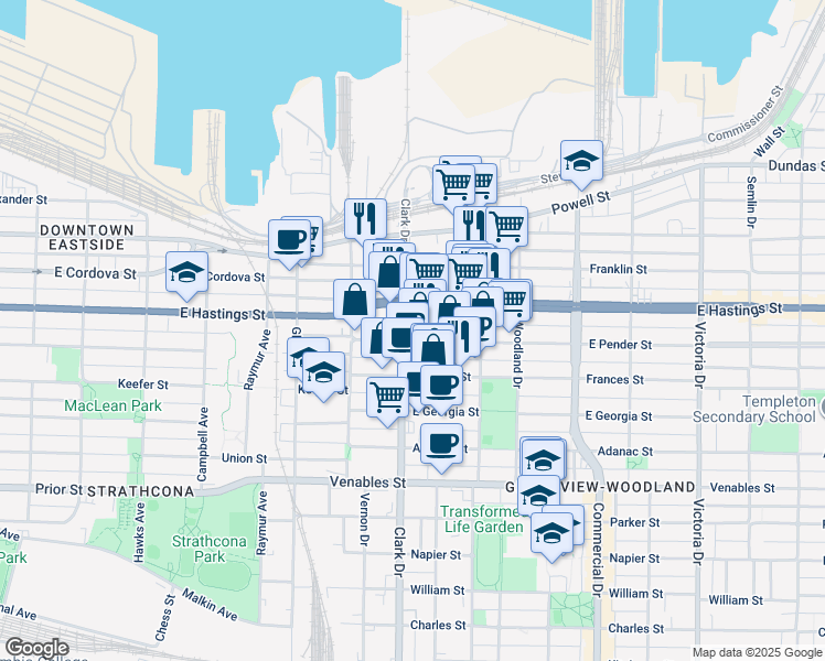 map of restaurants, bars, coffee shops, grocery stores, and more near in Vancouver