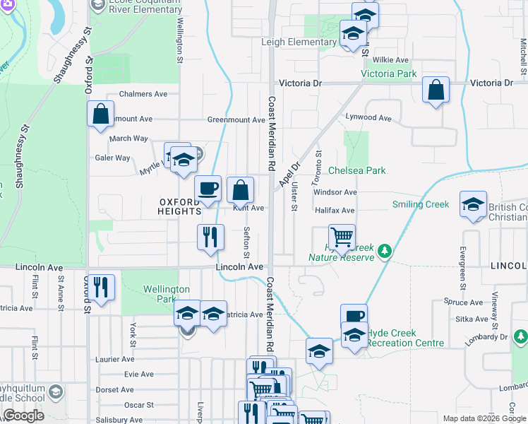 map of restaurants, bars, coffee shops, grocery stores, and more near 1510 Kent Avenue in Port Coquitlam