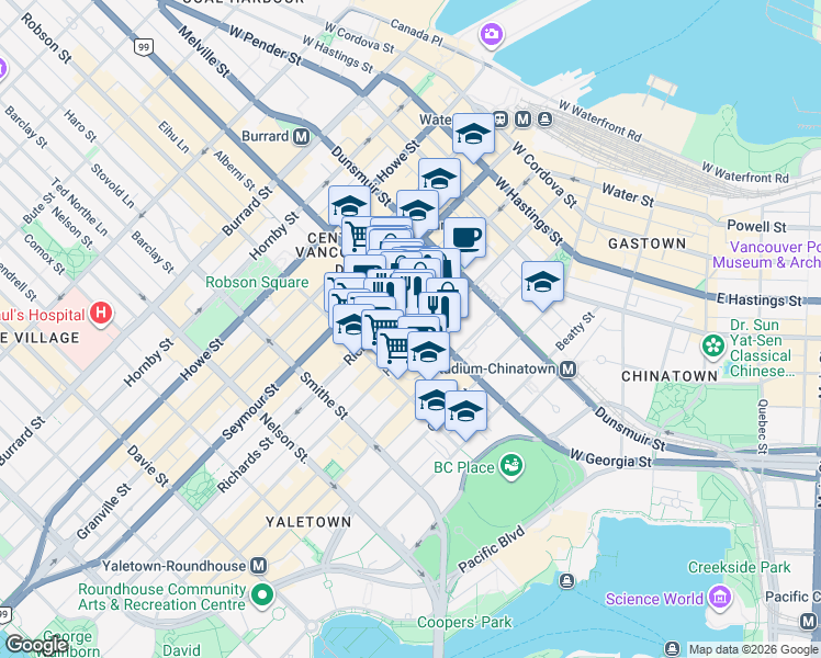 map of restaurants, bars, coffee shops, grocery stores, and more near in Vancouver