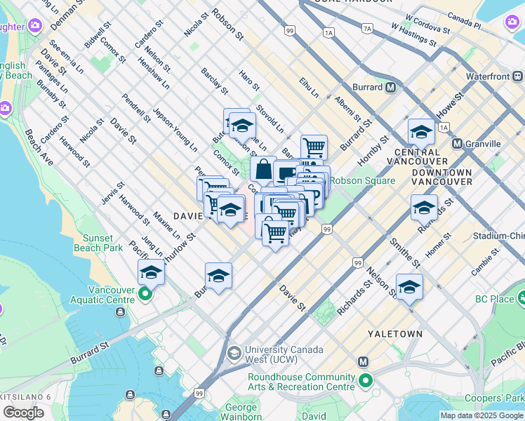 map of restaurants, bars, coffee shops, grocery stores, and more near 1081 Burrard Street in Vancouver