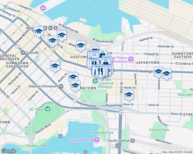 map of restaurants, bars, coffee shops, grocery stores, and more near 40 East Hastings Street in Vancouver