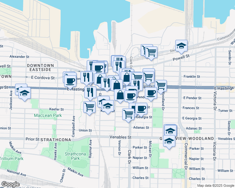 map of restaurants, bars, coffee shops, grocery stores, and more near in Vancouver