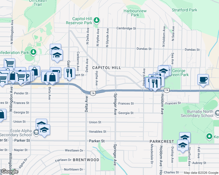 map of restaurants, bars, coffee shops, grocery stores, and more near 5100 Capitol Drive in Burnaby