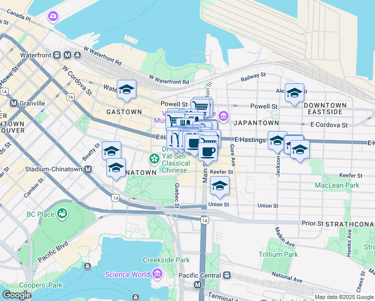 map of restaurants, bars, coffee shops, grocery stores, and more near in Vancouver