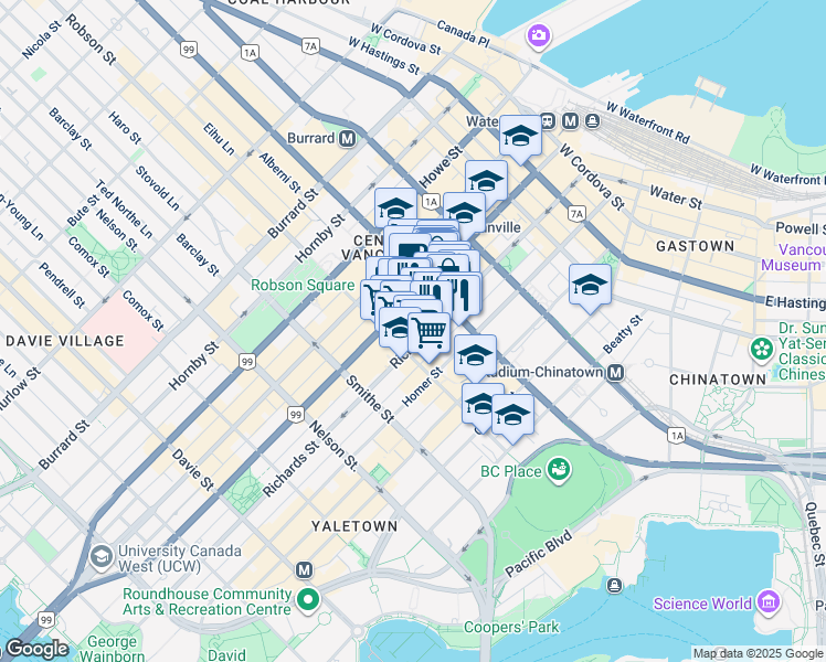 map of restaurants, bars, coffee shops, grocery stores, and more near 788 Richards Street in Vancouver