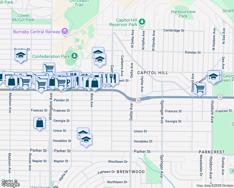 map of restaurants, bars, coffee shops, grocery stores, and more near 4838 Hastings Street in Burnaby