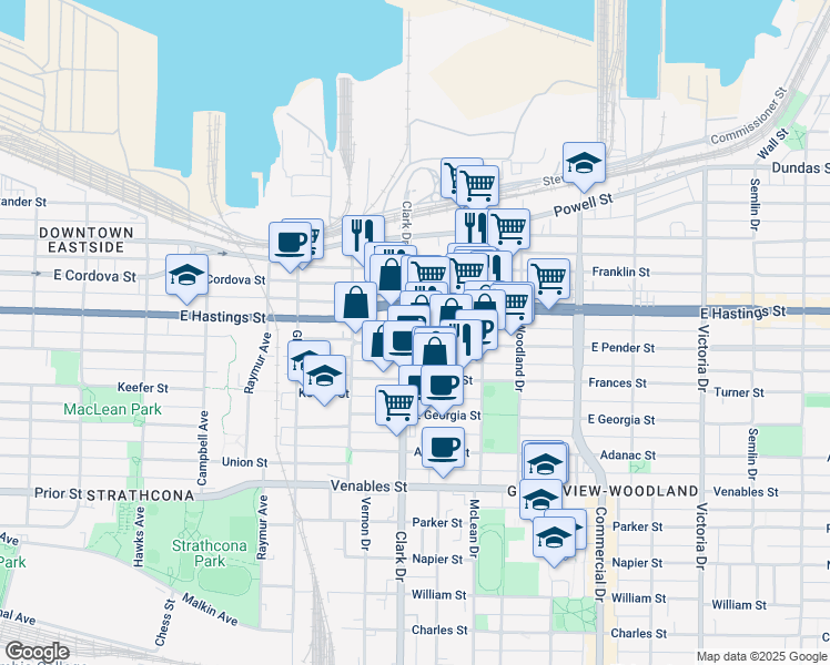 map of restaurants, bars, coffee shops, grocery stores, and more near 1326 East Hastings Street in Vancouver