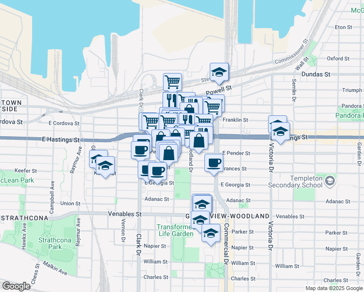 map of restaurants, bars, coffee shops, grocery stores, and more near in Vancouver