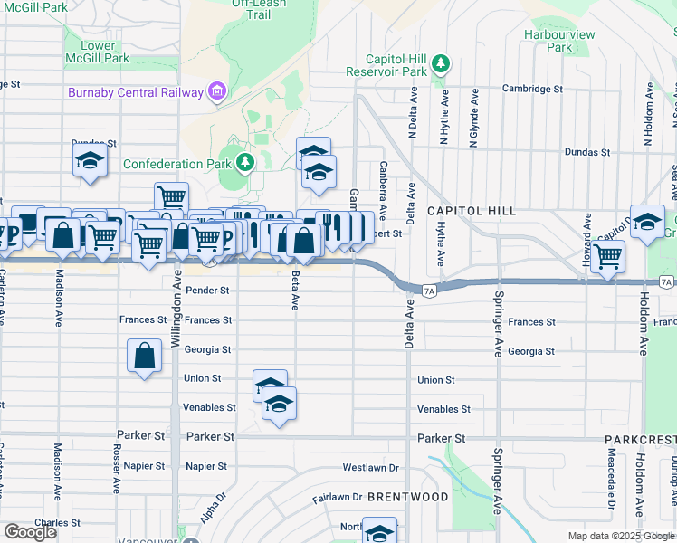 map of restaurants, bars, coffee shops, grocery stores, and more near 4759 British Columbia 7A in Burnaby