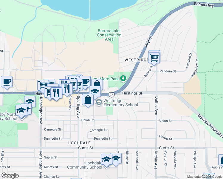 map of restaurants, bars, coffee shops, grocery stores, and more near 6965 Hastings Street in Burnaby